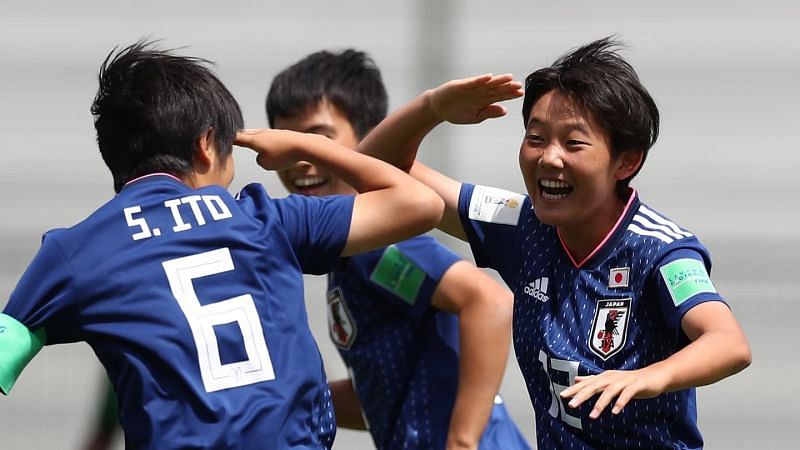 Number 6 Sara Ito and Haruka Osawa on the right celebrate after scoring for Japan (Image: FIFA)