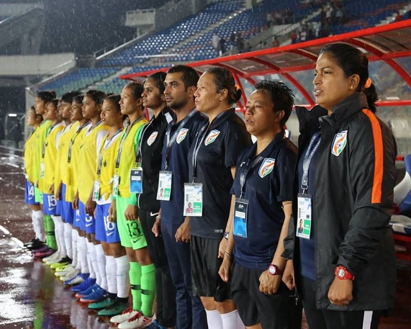 Maymol Rocky (right), the Indian national women&#039;s football team coach