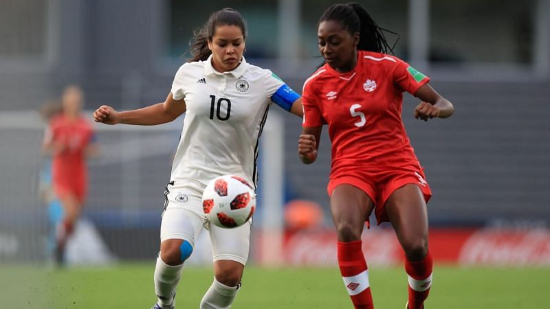 From L-R: Germany&#039;s Ivana Fuso and Canada&#039;s Maya Antoine in action (Image Courtesy: FIFA)