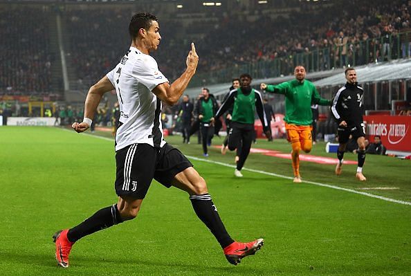 AC Milan v Juventus - Serie A. Ronaldo celebrates the second goal of the game and his 9th.