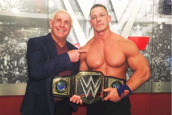 John Cena with Ric Flair after winning his 16th world title
