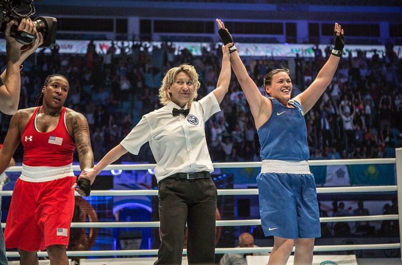Defending World Champion Lazzat Kungeibayeva of Kazakhstan in Blue (Image Courtesy: Picssr)