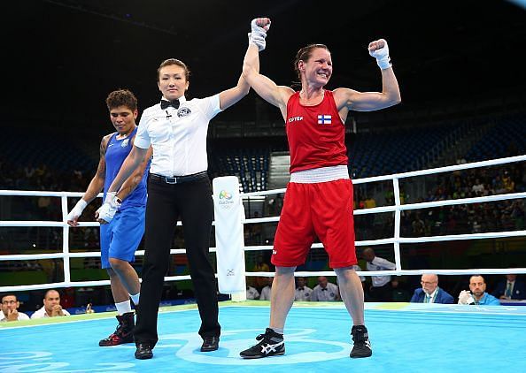 World number one and 2016 Olympic and World Bronze medalist Mira Potkonen of Finland on the right