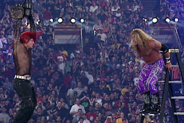 Edge spears Jeff Hardy at WrestleMania X-Seven.