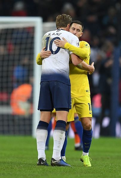 Eden Hazard embraces Harry Kane after their 3-1 loss to Tottenham Hotspur over the weekend