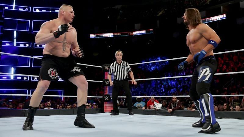 Lesnar and Styles battling at Survivor Series 2017