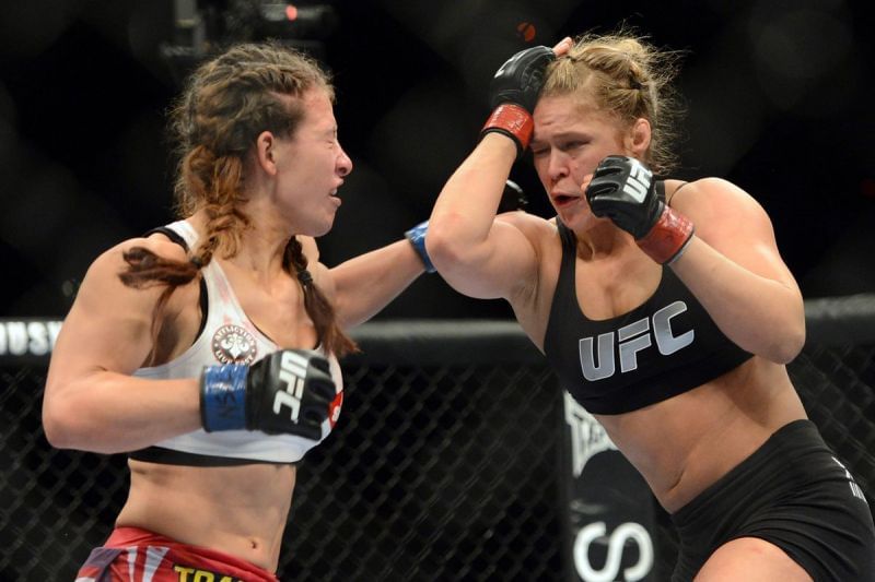 Miesha Tate during her fight against Ronda Rousey at UFC 168