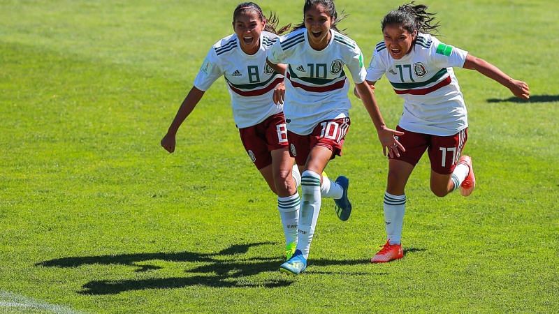 From left to right: Nicole P&Atilde;&copy;rez, Alison Gonz&Atilde;&iexcl;lez and Natalia Maule&Atilde;&sup3;n from Mexico jubilant after scoring the equalizer (Image Courtesy: FIFA)