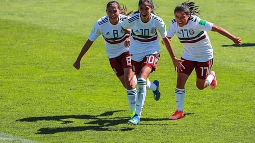 From left to right: Nicole PÃ©rez, Alison GonzÃ¡lez and Natalia MauleÃ³n from Mexico jubilant after scoring the equalizer (Image Courtesy: FIFA)