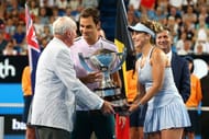 Neale Fraser presenting the 2018 Hopman Cup to Roger Federer and Belinda Bencic