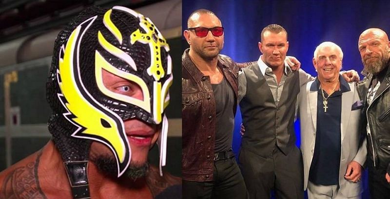 Rey Mysterio (left) and Randy Orton (third from left) are set for a long-term rivalry, and we examine how Dave Batista (second from left) fits into this WrestleMania 35 feud