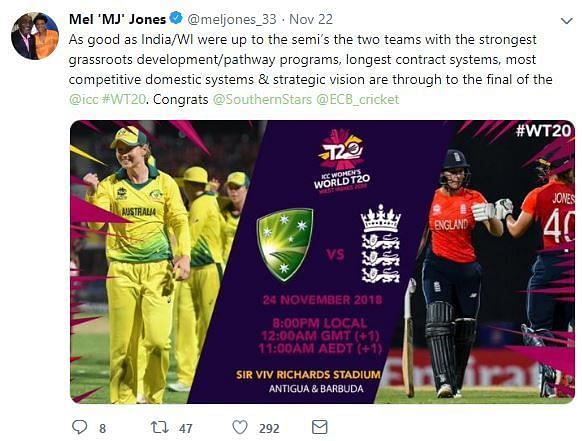 Mel Jones&#039; tweet after Australia and England reach to the final of WWT20