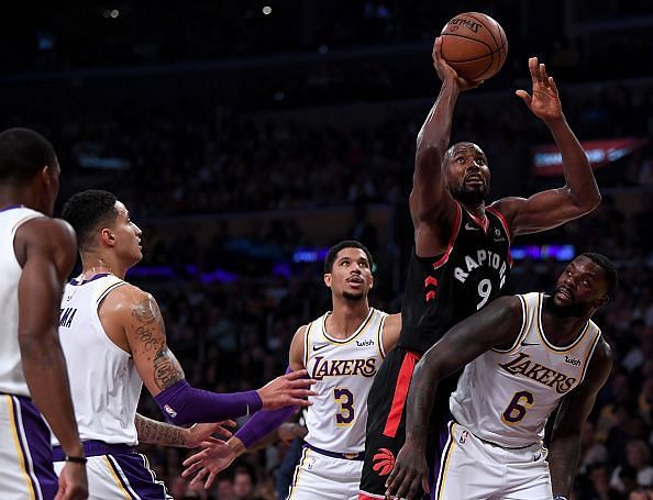 Serge Ibaka going for a rebound against the Lakers