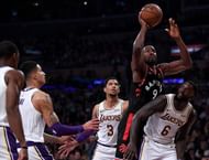 Serge Ibaka going for a rebound against the Lakers