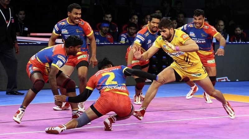 The UP Yoddha team in action. [Picture Courtesy: ProKabaddi.com]