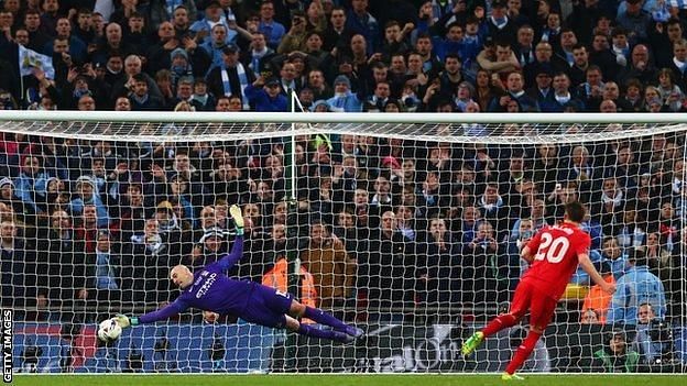 Willy Caballero saves Adam Lallana&#039;s penalty in the league cup final Photo Credit: Getty Images