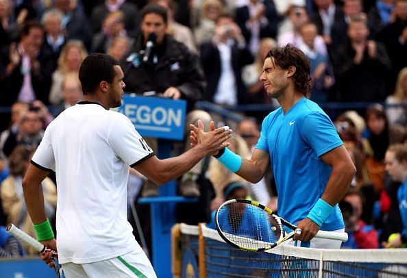 Jo-Wilfried Tsonga (L) and Rafael Nadal