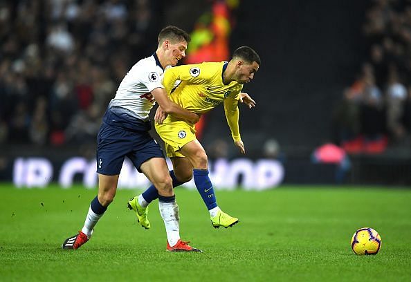 Eden Hazard might&#039;ve won a penalty in the first half for this clumsy challenge by Juan Foyth