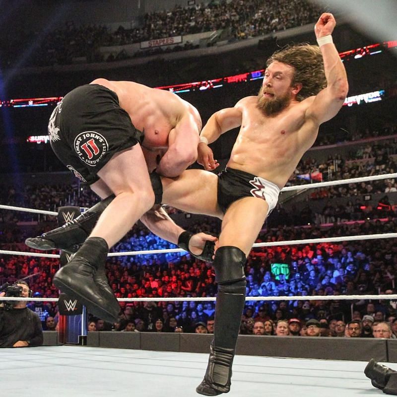 Daniel Bryan with a low-blow on Lesnar!