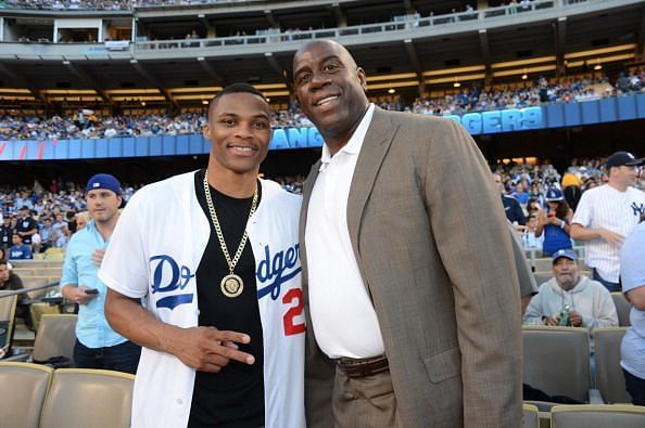 Rusell Westbrook with Magic Johnson at the Los Angeles Dodgers&#039; ball game