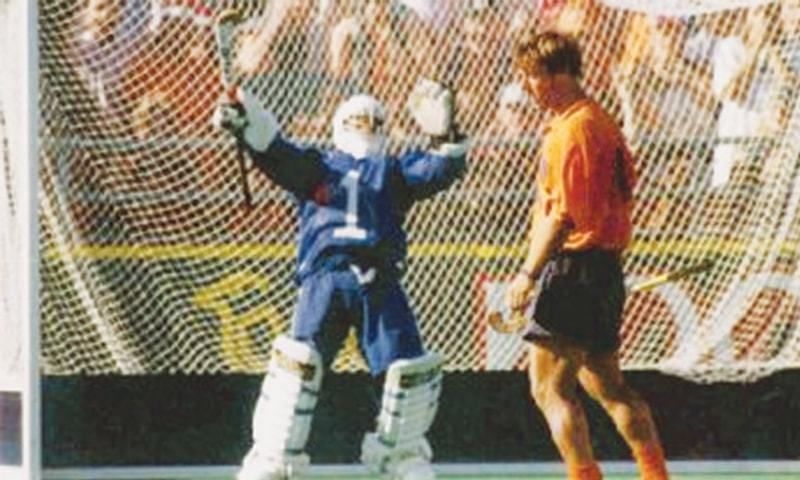 FIH World Cup 1994: Goalkeeper Mansoor Ahmed exults as the Dutch striker fails to score the goal