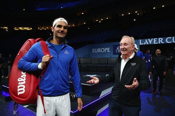 Rod Laver with Roger Federer at the 2018 Laver Cup