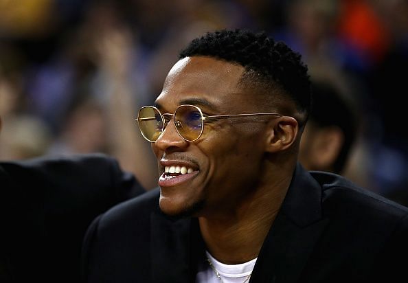 2017 NBA MVP, Russell Westbrook sits courtside and watches OKC in action