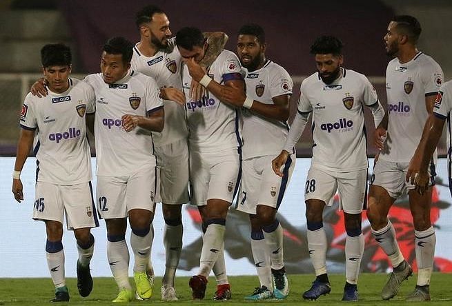 Chennaiyin FC players celebrate after a goal against FC Pune City (Image: ISL)