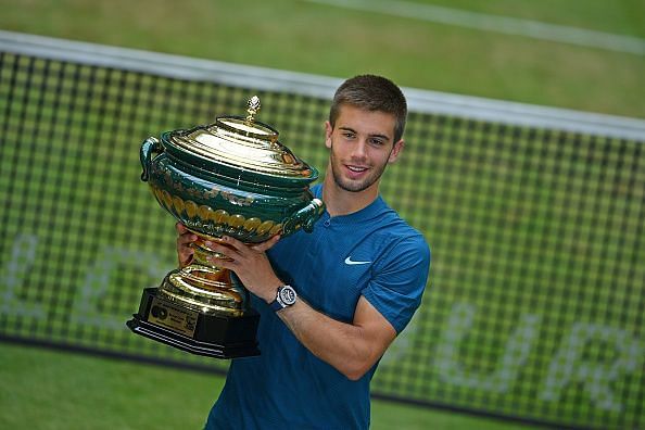 Borna Coric with the Gerry Weber Open trophy