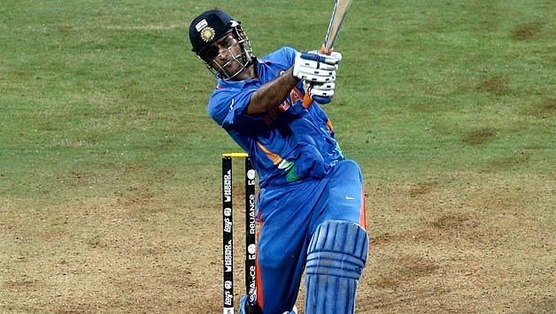 MS Dhoni in his stance after hitting the World cup winning six