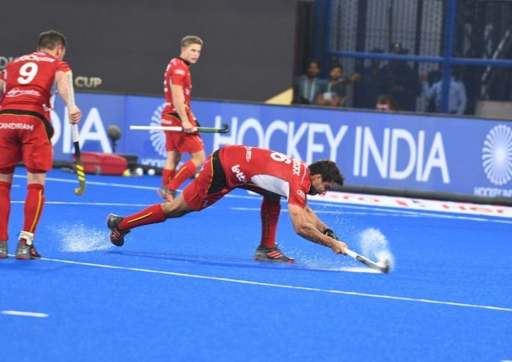 Belgian players get ready to take a Penalty corner