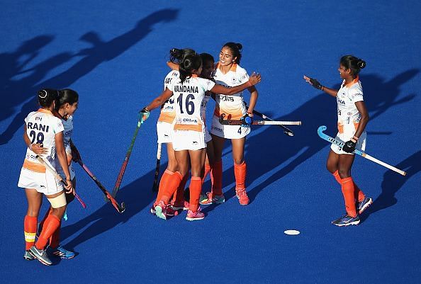 The Golden Girls celebrate Neha's goal against Italy