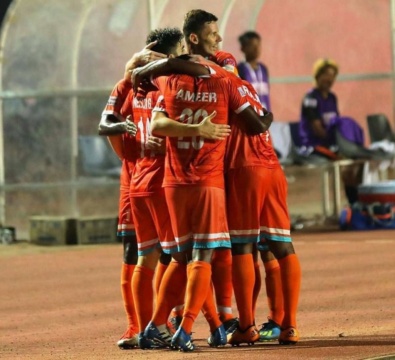 Chennai City FC players rejoice after winning the match