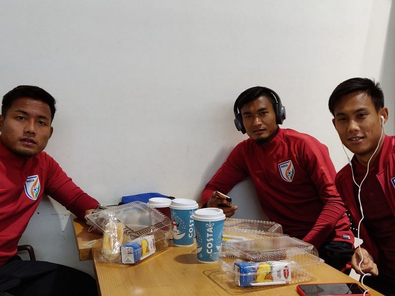 Indian national football team players (from left) Jeje Lalpekhlua, Halicharan Narzary and Udanta Singh at the Kuwait International Airport, on their way to Jordan (Image: Twitter/@IndianFootball)