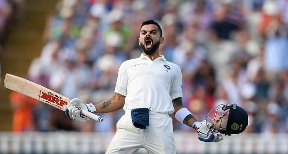 A pumped up Virat Kohli celebrates after conquering the English demon