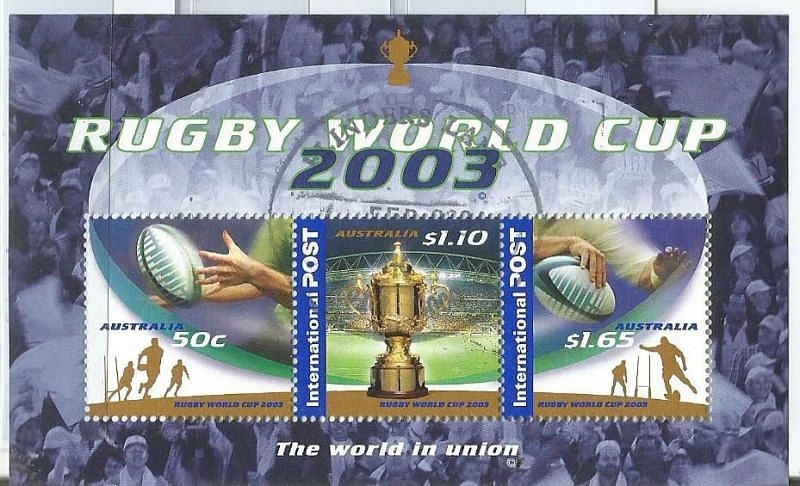 Miniature Sheet with three stamps issued by Australia on 2003 Rugby World Cup hosted by Australia