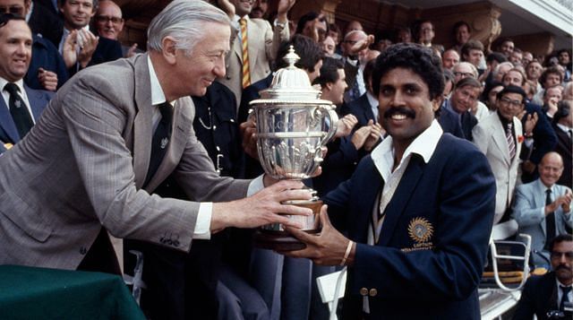 Kapil Dev receiving the 1983 World Cup Trophy