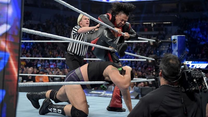 The US Champion attacks Rusev before their match starts.