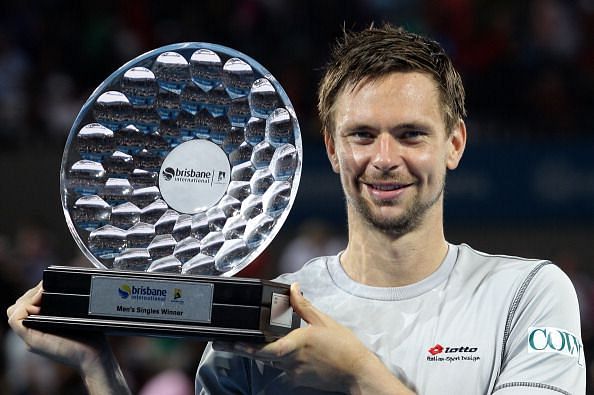 Robin Soderling holding aloft the 2011 Brisbane International 2011 Trophy