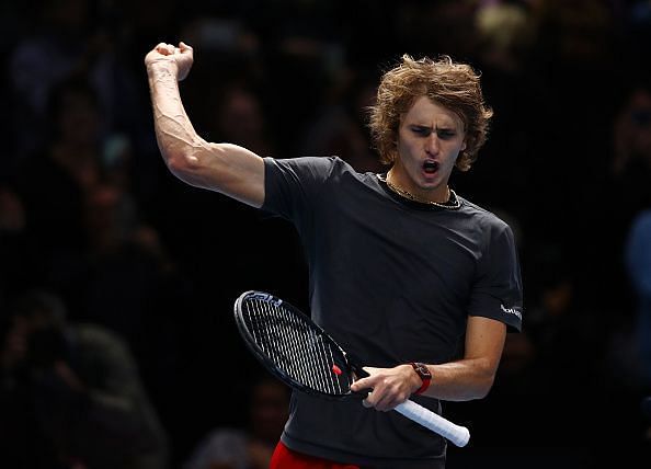 Zverev celebrates during his Day Six victory over Isner