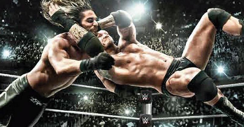 Randy Orton giving RKO to Seth Rollins