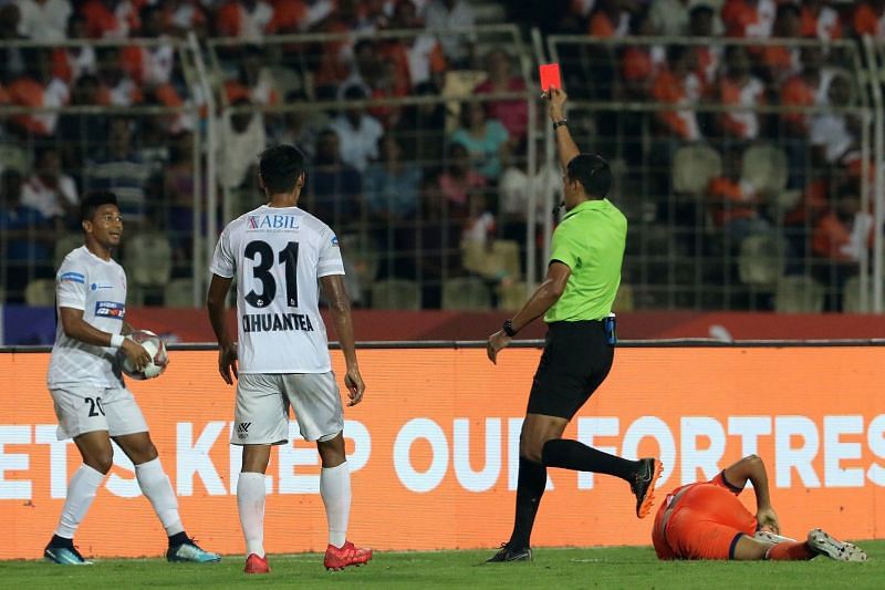 FC Pune City&#039;s Diego Carlos was shown a red for a foul on Seriton Fernandes of FC Goa during their ISL game