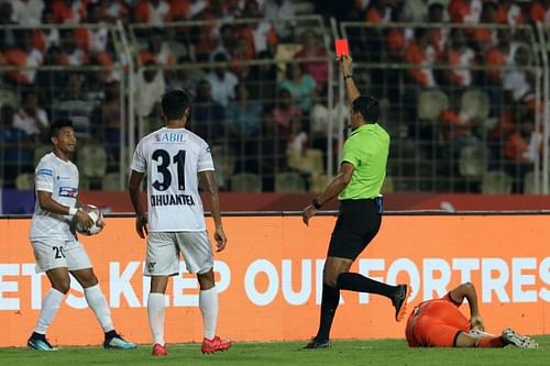 FC Pune City's Diego Carlos was shown a red for a foul on Seriton Fernandes of FC Goa during their ISL game