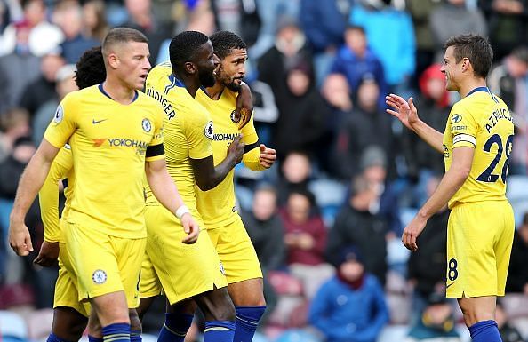 Loftus-Cheek celebrates alongside his teammates during their rout over Burnley