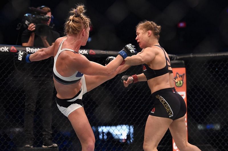 Holly Holm catches Ronda Rousey with the fight winning head kick