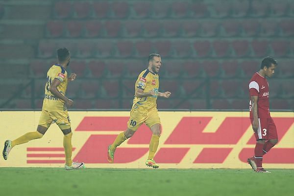 He was under some pressure to deliver against NorthEast United FC and after being invisible for most of the match, he scored off a corner delivered by the debutant Zakeer Mundampara (Image Courtesy: ISL)