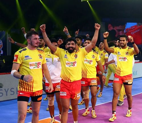 Gujarat Fortune Giants celebrate a great win over U Mumba in season six of the Pro Kabaddi League