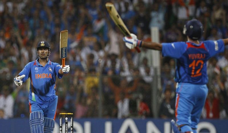 Yuvraj Singh erupts into celebration as MS Dhoni hits the winning runs in the 2011 World Cup