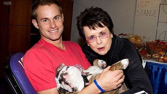 Andy Roddick with Billie Jean King and his dog named after the legend