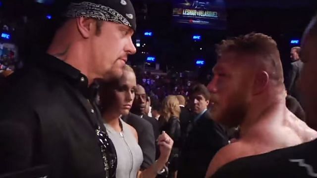 The Undertaker confronts Brock Lesnar after the main event